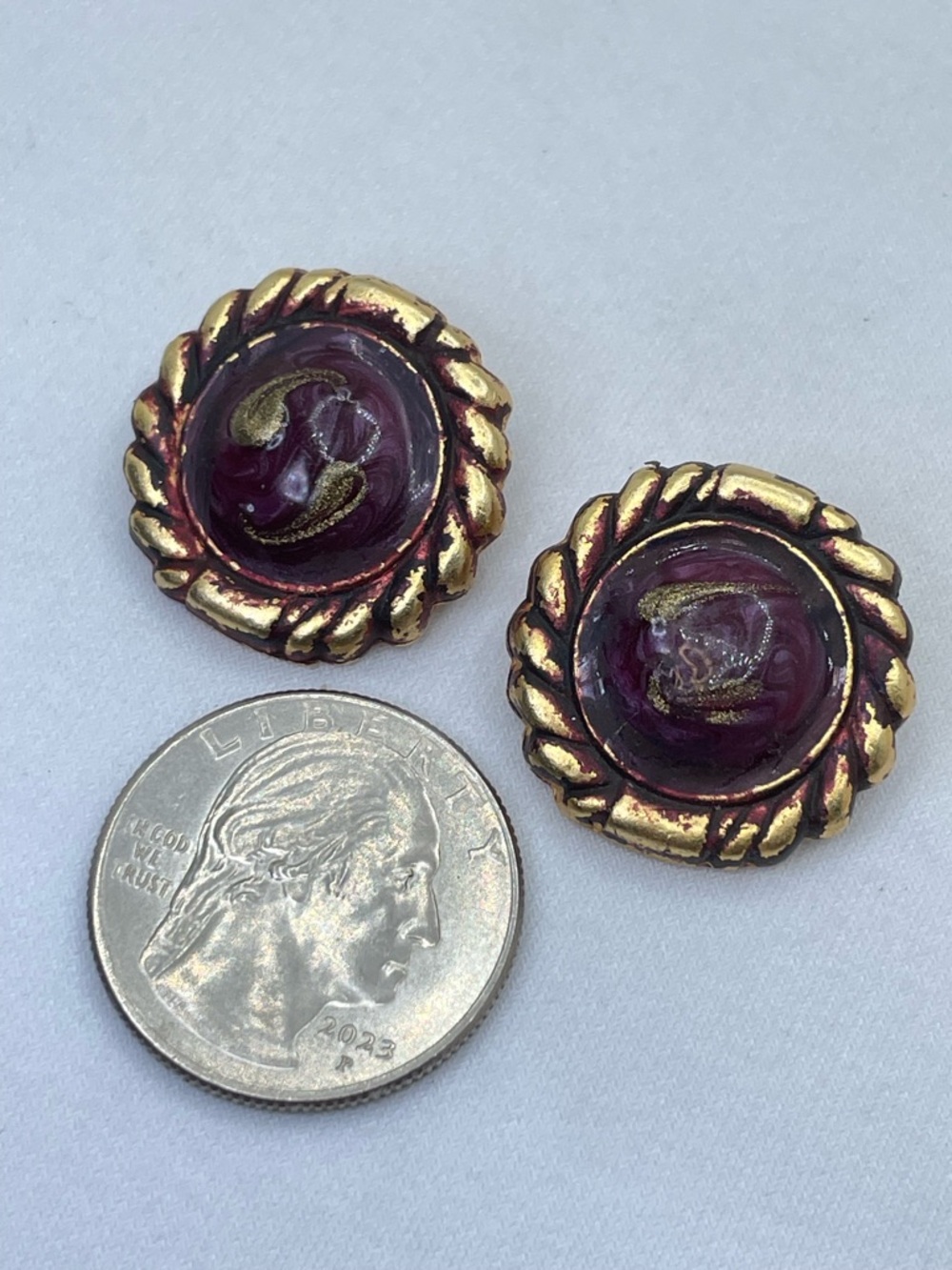 Vintage Purple Enamel Gold Tone Clip On Stud Earrings Bold Statement Round